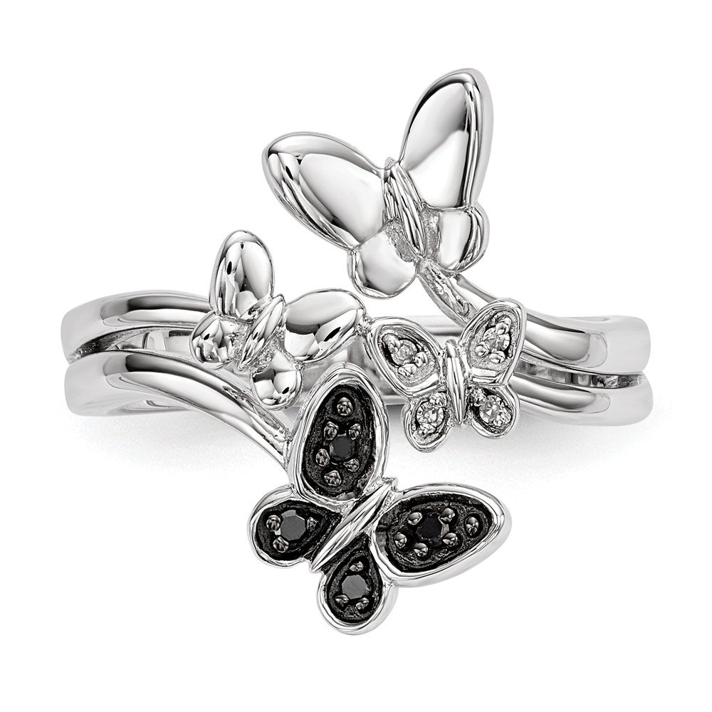 Diamond2Deal 925 Sterling Silver White and Black Diamond Butterfly Ring 7 Size Fine Jewelry for Women (0.05ct)