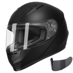 glx gx11 compact lightweight full face motorcycle street bike helmet with extra tinted visor dot approved (matte black, large)