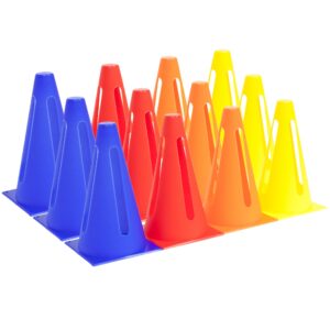 crown sporting goods assorted colors 9" collapsible high hat sport cone markers for indoor/outdoor agility training - 12 pack