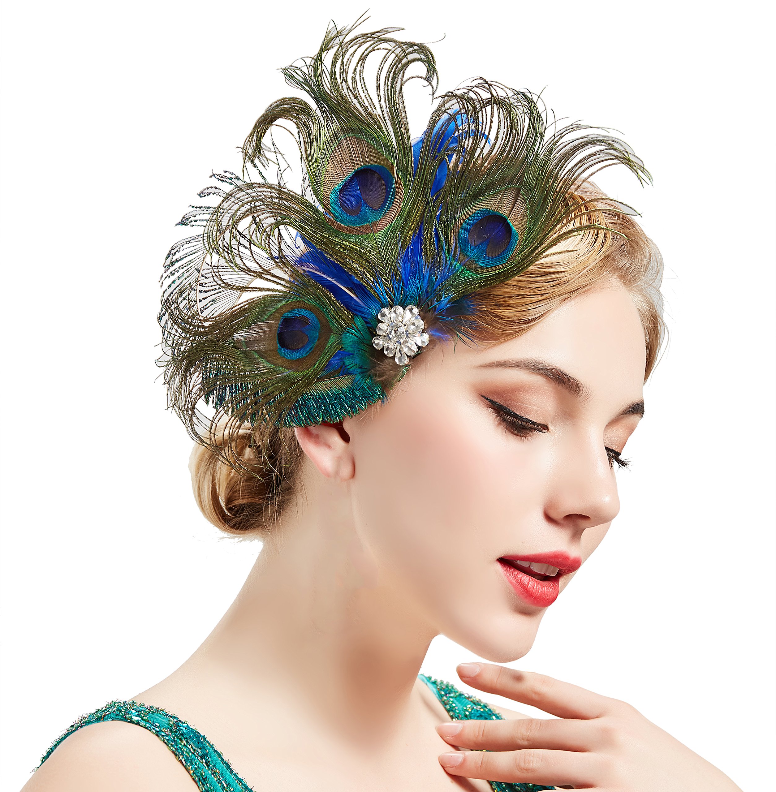 BABEYOND Peacock Feather Hair Clip Peacock Fascinator with Rhinestones Roaring 20s Peacock Flapper Fascinator 1920s Peacock Hair Accessories (Style 2)