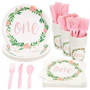 juvale baby girl 1st birthday decorations, floral one year old party plates, napkins, cups, pink cutlery (144 pieces, serves 24)