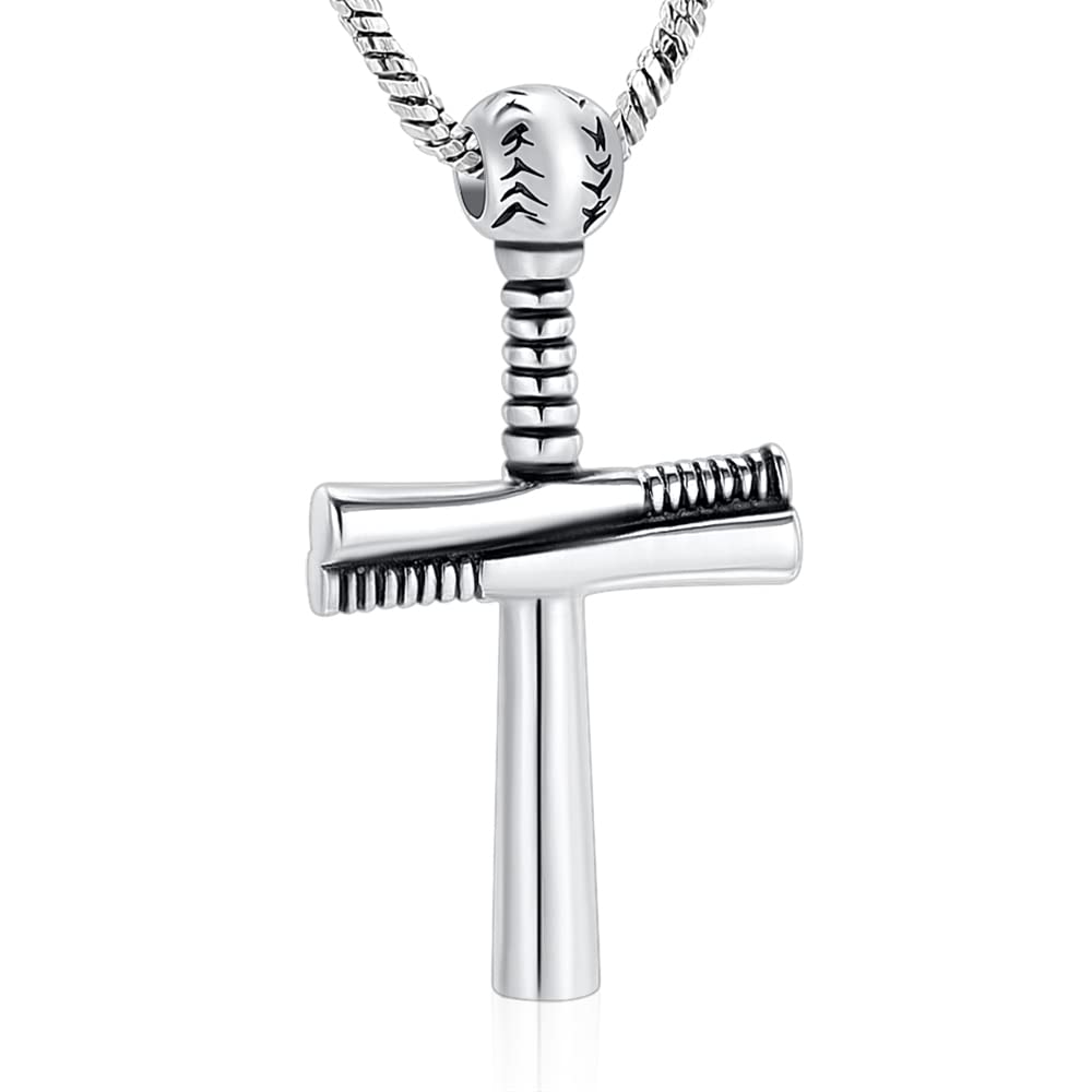 Yinplsmemory Cross Urn Necklace for Ashes Baseball with Bat Religious Urn Keepsake Necklace Stainless Steel Bat Cross Urn Locket for Ashes Holder (PH 4:13)