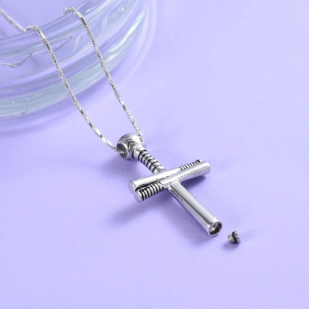 Yinplsmemory Cross Urn Necklace for Ashes Baseball with Bat Religious Urn Keepsake Necklace Stainless Steel Bat Cross Urn Locket for Ashes Holder (PH 4:13)