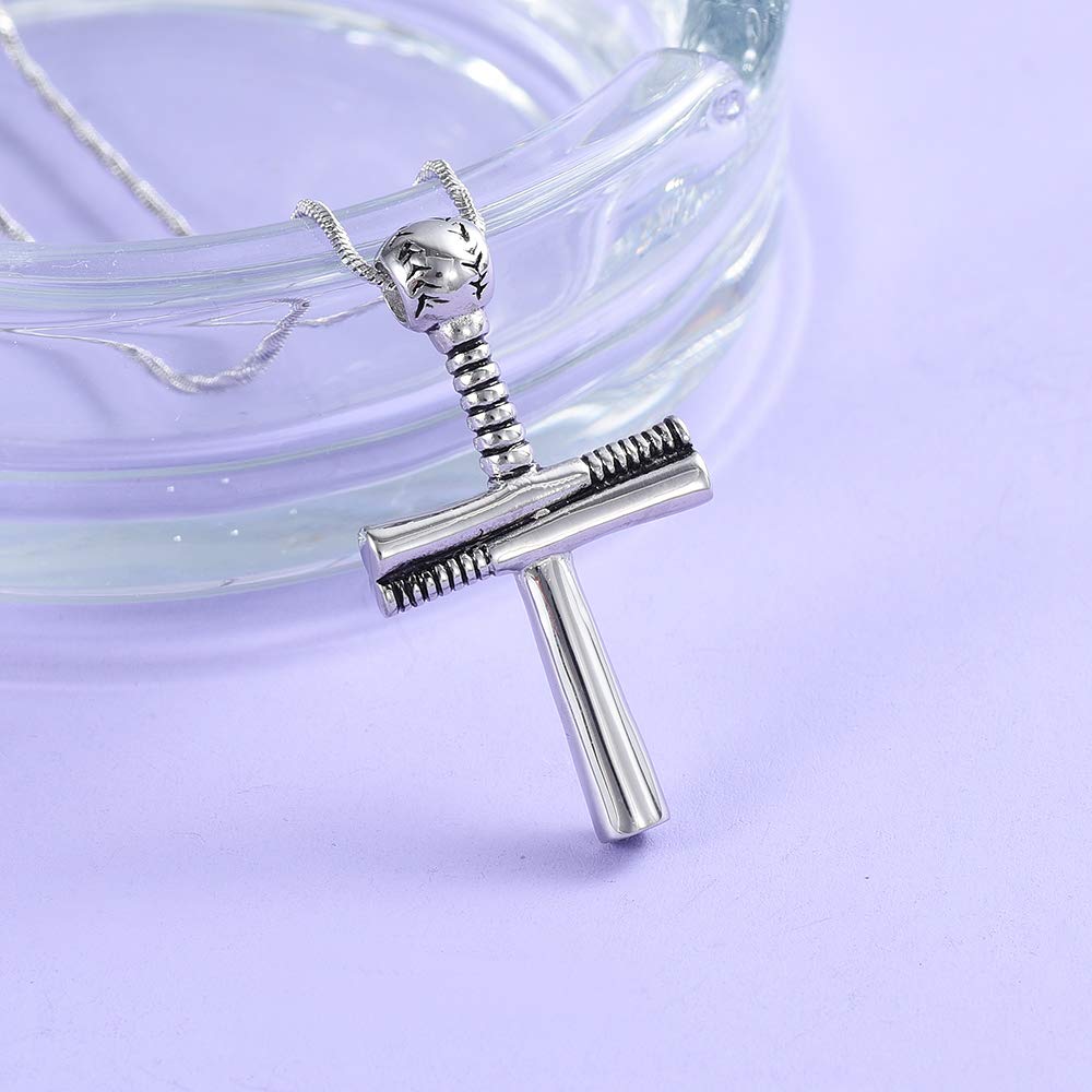 Yinplsmemory Cross Urn Necklace for Ashes Baseball with Bat Religious Urn Keepsake Necklace Stainless Steel Bat Cross Urn Locket for Ashes Holder (PH 4:13)