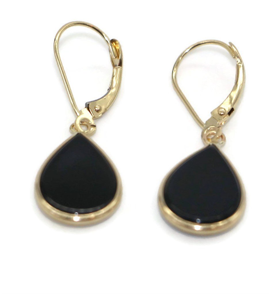 Onyx Black Pear Hanging Earrings set in 14K Yellow Gold,Leverbacks