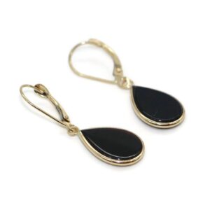 Onyx Black Pear Hanging Earrings set in 14K Yellow Gold,Leverbacks