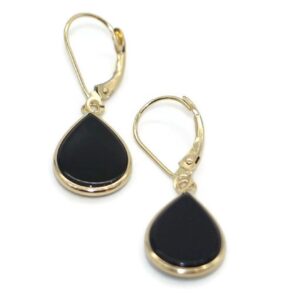 Onyx Black Pear Hanging Earrings set in 14K Yellow Gold,Leverbacks