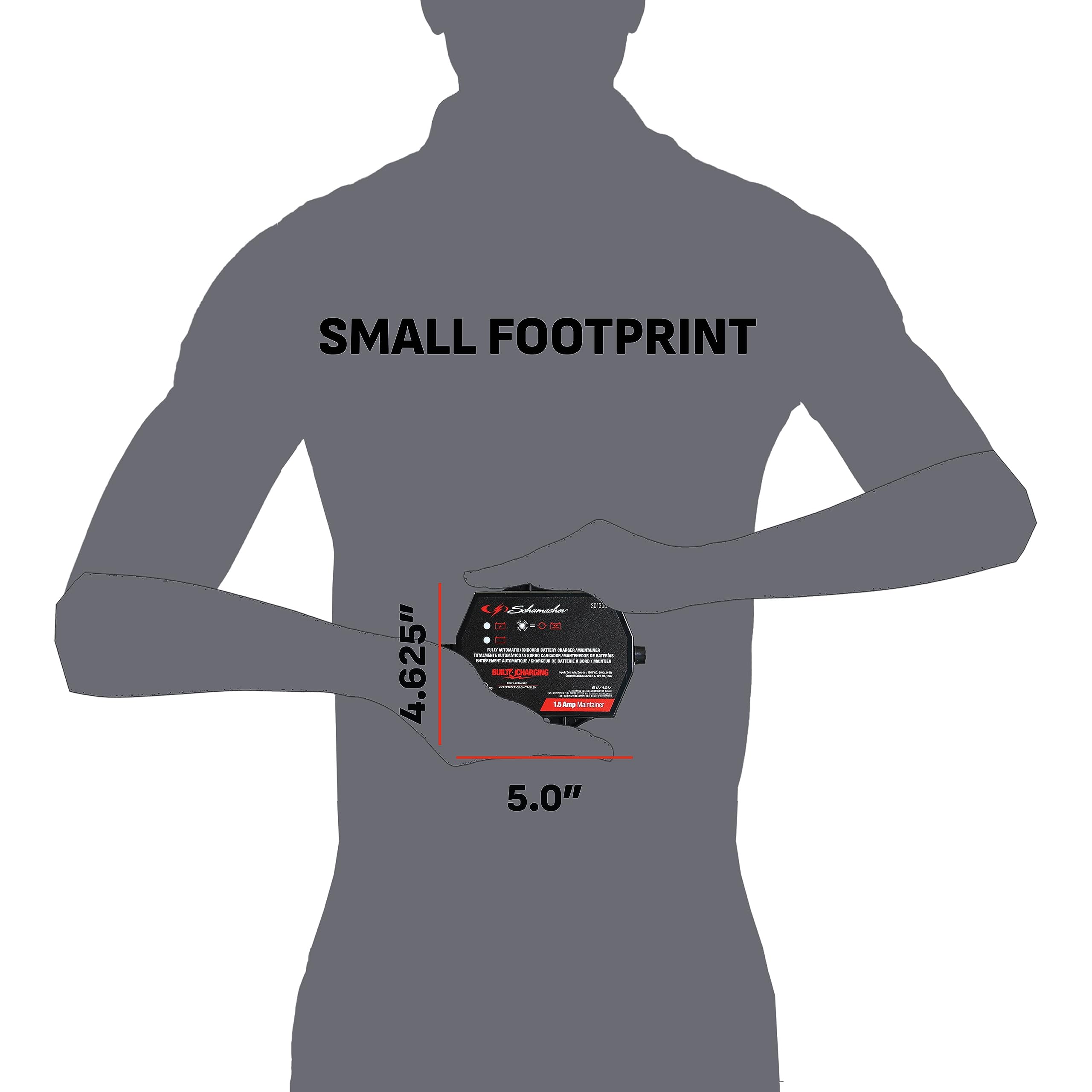 Schumacher SC1300 Fully Automatic Direct-Mount Under-the-Hood Battery Charger/Maintainer with Battery Detection - 1.5 Amp, 6V/12V - for Cars, Motorcycles, Lawn Tractors, Power Sports