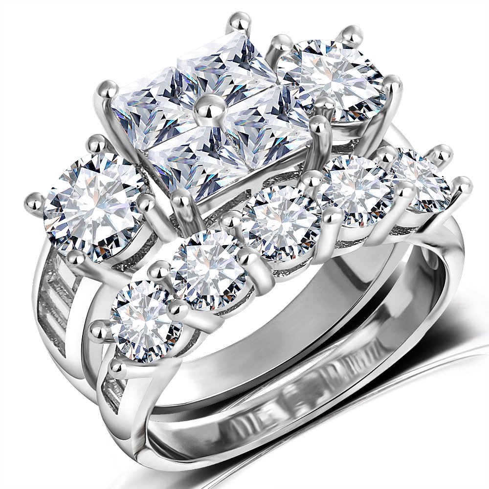 Princess Wedding Rings for Women - Brilliant Cubic Zirconia Big Engagement Bridal Sets Size 5-11