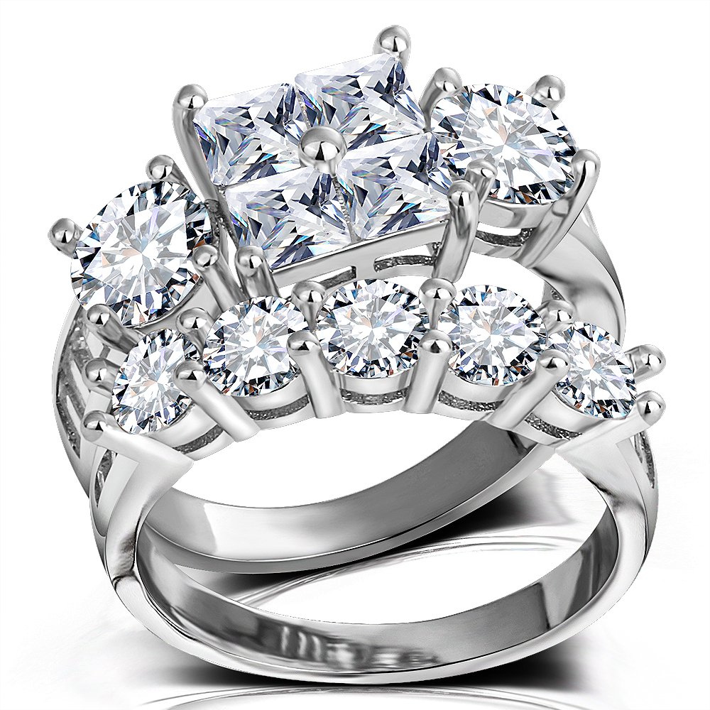 Princess Wedding Rings for Women - Brilliant Cubic Zirconia Big Engagement Bridal Sets Size 5-11