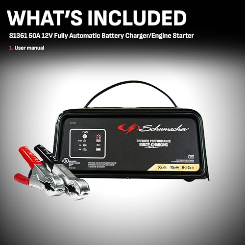 Schumacher SC1361 Fully Automatic Jump Starter and Battery Charger for Motorcycle, Power Sport, Lawn Tractor, Car, SUV, Truck, and Boat Batteries, 50 Cranking Amps, 12 Volts, Black, 1 unit