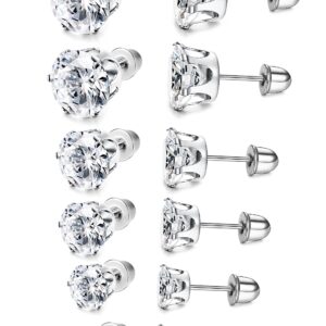 LOYALLOOK 6 Pairs Stainless Steel Clear Cubic Zirconia Stud Earring Ear Piercings for Women 3-8mm