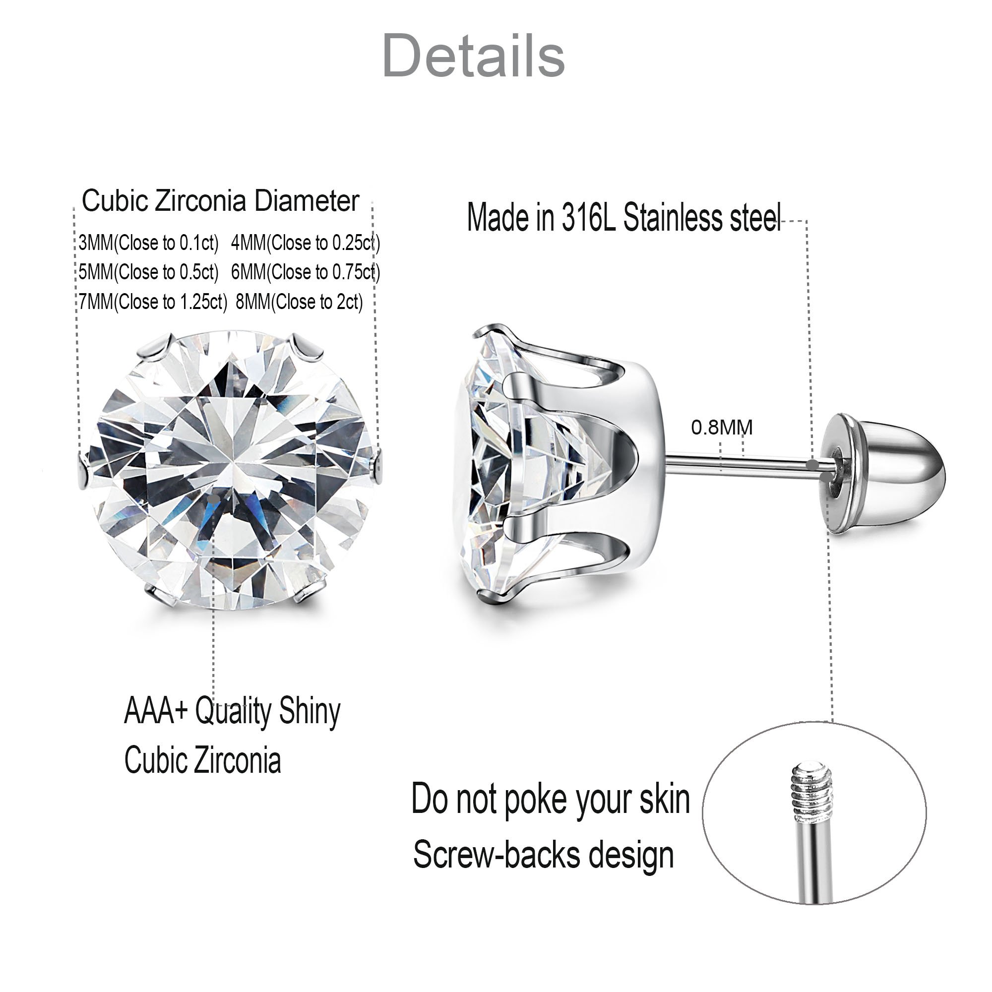 LOYALLOOK 6 Pairs Stainless Steel Clear Cubic Zirconia Stud Earring Ear Piercings for Women 3-8mm