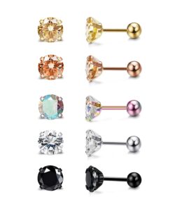 loyallook 5 pairs stainless steel cubic zirconia stud earring ear piercings for women 5 colors 6mm