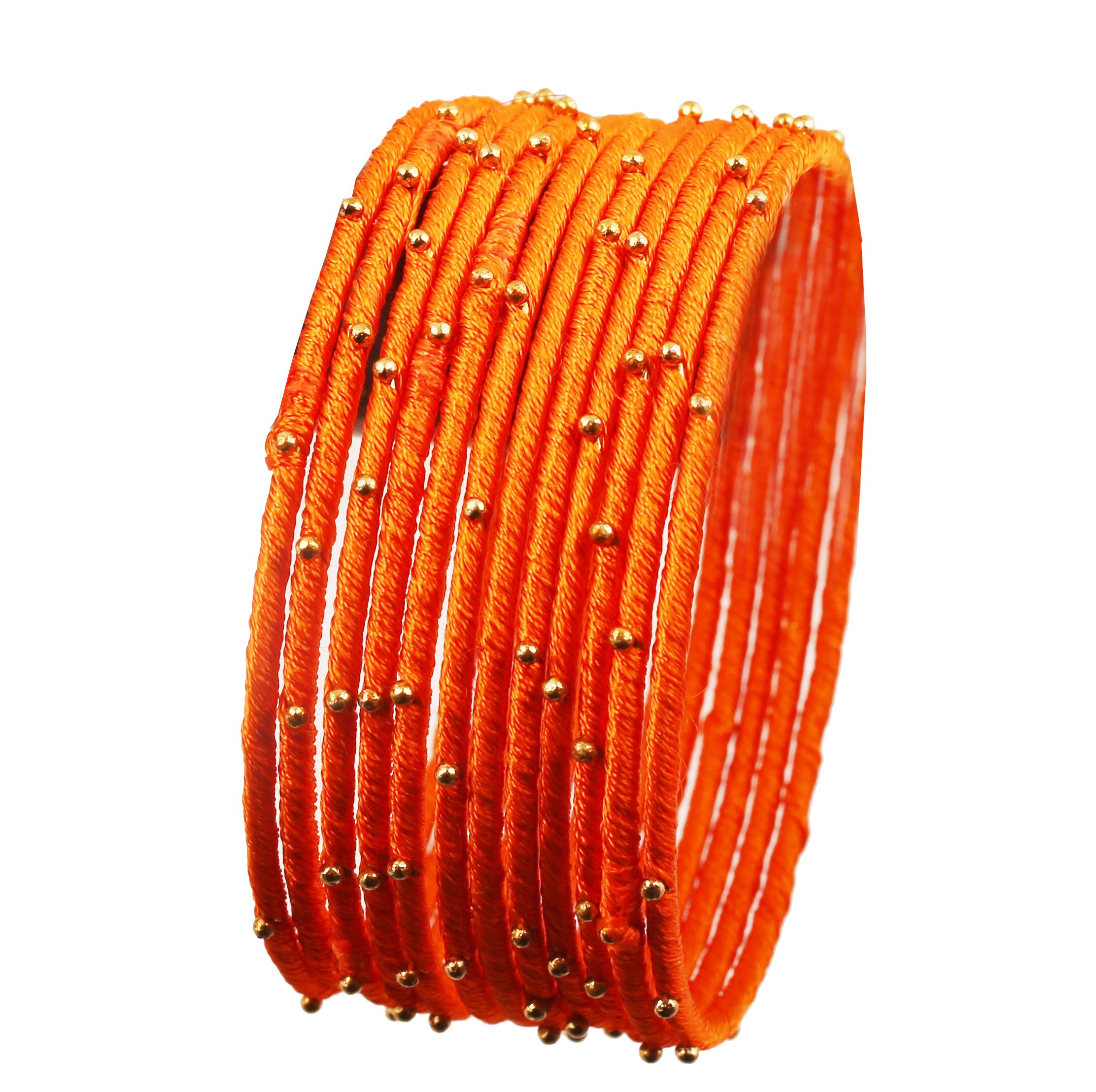 Touchstone New Silk Thread Bangle Collection Indian Bollywood Handcrafted Faux Silk Thread Exotic Look Golden Beads Carrot Orange Designer Bangle Bracelets Set of 12 for Women.