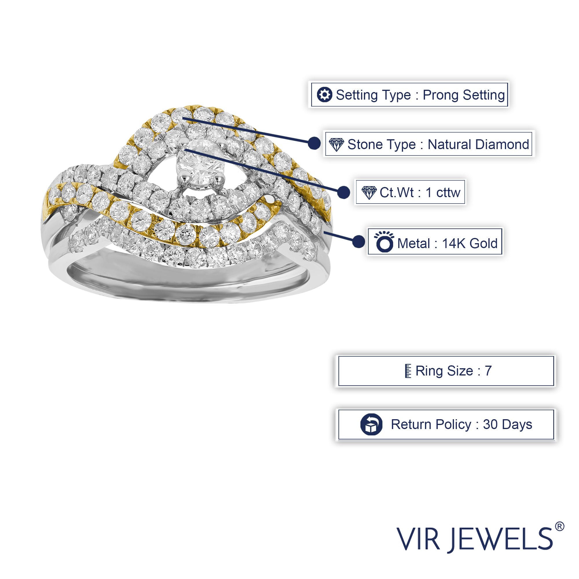 Vir Jewels 1 cttw Diamond Wedding Engagement Ring Set 14K Yellow Gold Curve Bridal Size 7