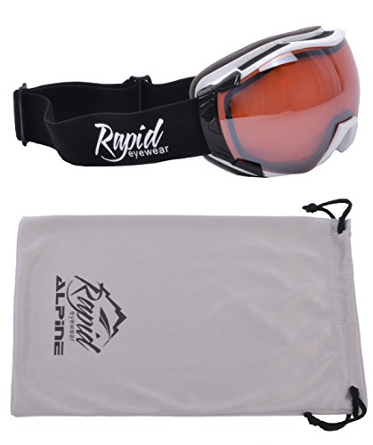 Rapid Eyewear Tahko SKI and SNOWBOARD GOGGLES TO WEAR OVER GLASSES for Men and Women. Mirrored UV Double Lens Anti Fog System. OTG Fit Over Your Spectacles. Black - White & Orange Mirror Lenses