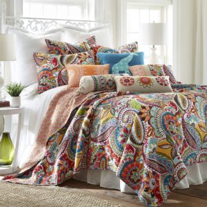 levtex home rhapsody quilt set - king quilt + two king pillow shams - paisley in yellow orange red green blues - quilt size (106 x 92in.) and pillow sham size (36 x 20in.)- reversible pattern - cotton