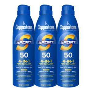 coppertone sport sunscreen spray spf 50, water resistant spray sunscreen, broad spectrum spf 50 sunscreen, bulk sunscreen pack, 5.5 oz bottle, pack of 3