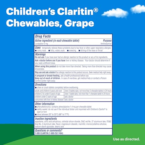 Claritin Children's Chewables 24 Hour Allergy Relief, Non Drowsy Kids Allergy Medicine, Grape Antihistamine Chewable Tablets, For Children 2 Years and Older, 40 Count