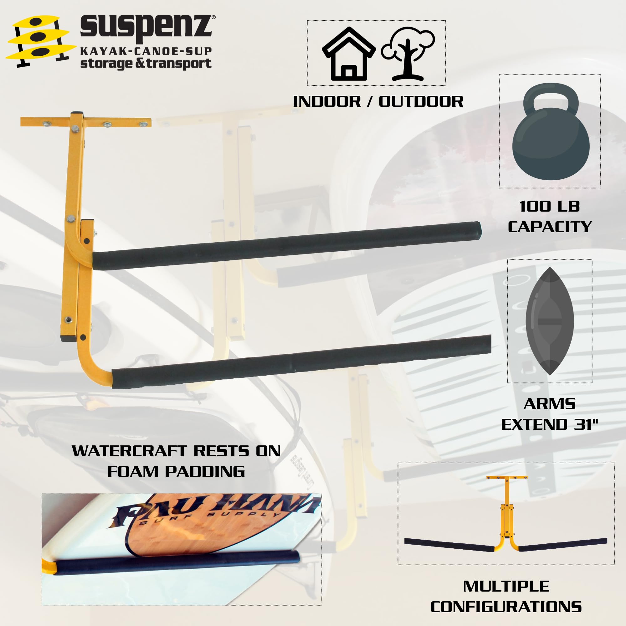 Suspenz Kayak Storage Rack, Ceiling/Under Deck Garage Hanger for 2 Kayaks and SUPs, Yellow, 11-7800