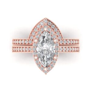 2.48 Carat Marquise Cut Clear VVS1 Ideal Zircon 14k Rose Gold Halo W/Accents Wedding Anniversary Bridal Ring Set Size 5