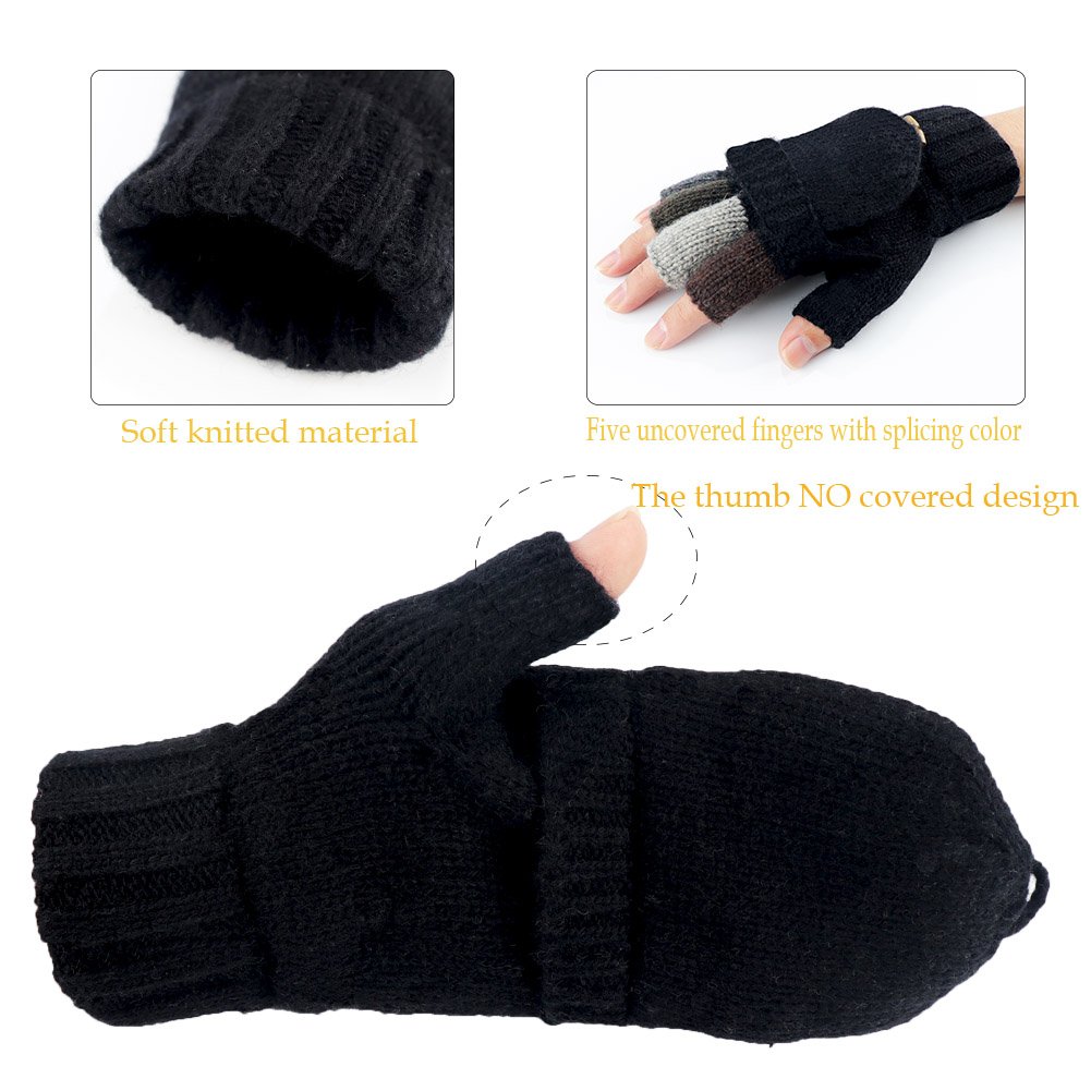 Akayboya Winter Warm Knitted Fingerless Gloves Convertible Wool Gloves with Mittens Cover for Women and Men