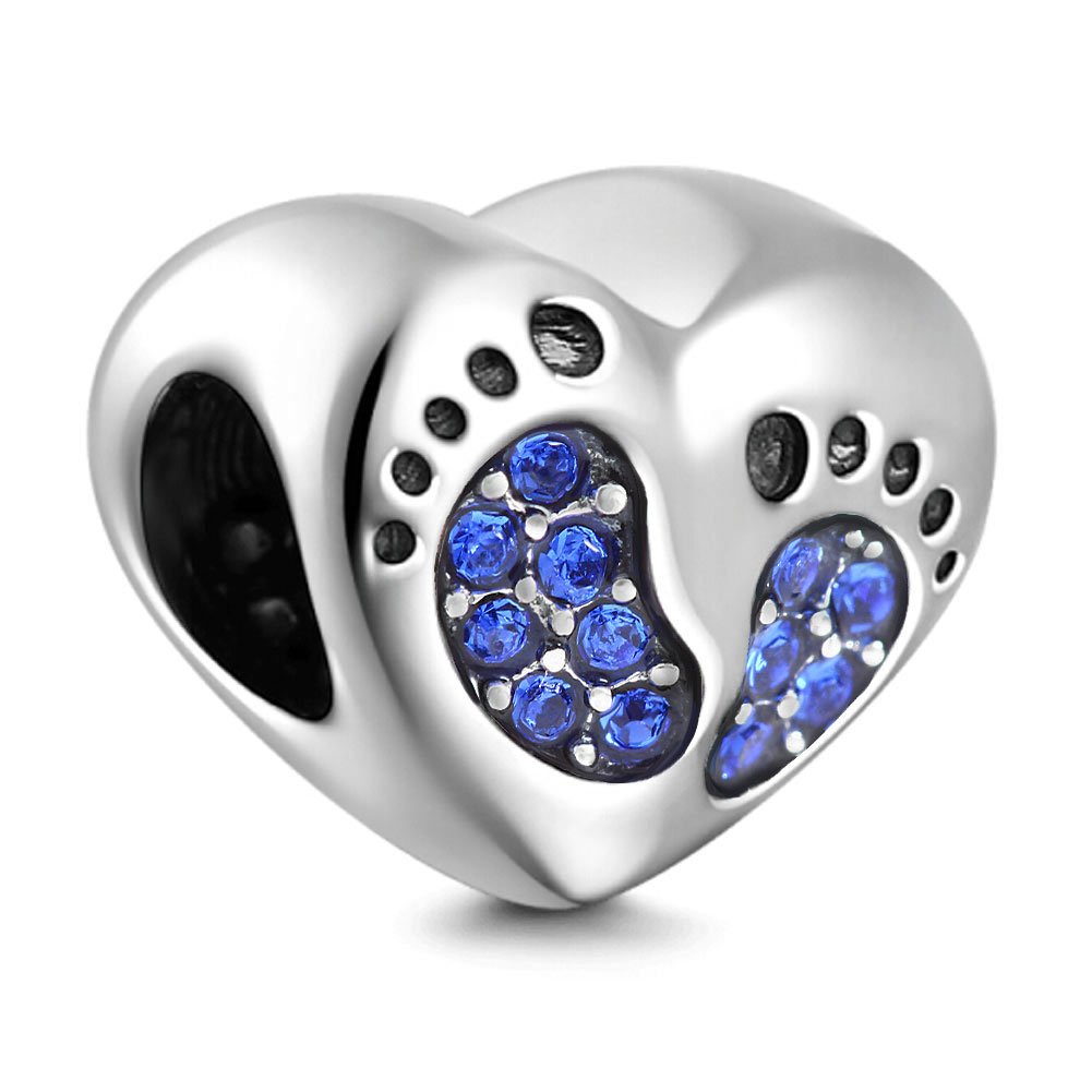 SOUKISS Footprint Heart Charm 925 Sterling Silver Christmas Family Love Bead Baby First Steps Charm for Bracelet (Sapphire)