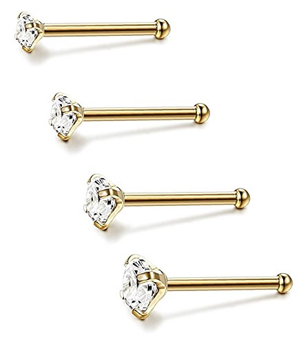 REBEL METTLE Nose Rings Studs Set | 316L Stainless Steel | 21 Gauge | Piercing Body Jewelry [Gold] w/Round CZ Cubic Zirconia Crystals [CZ Size 1.5mm 2mm 2.5mm 3mm]