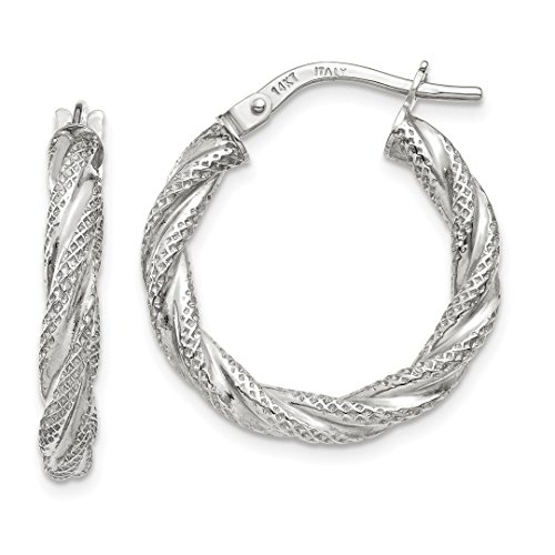 14K White Gold Twisted Round Hoop Earrings