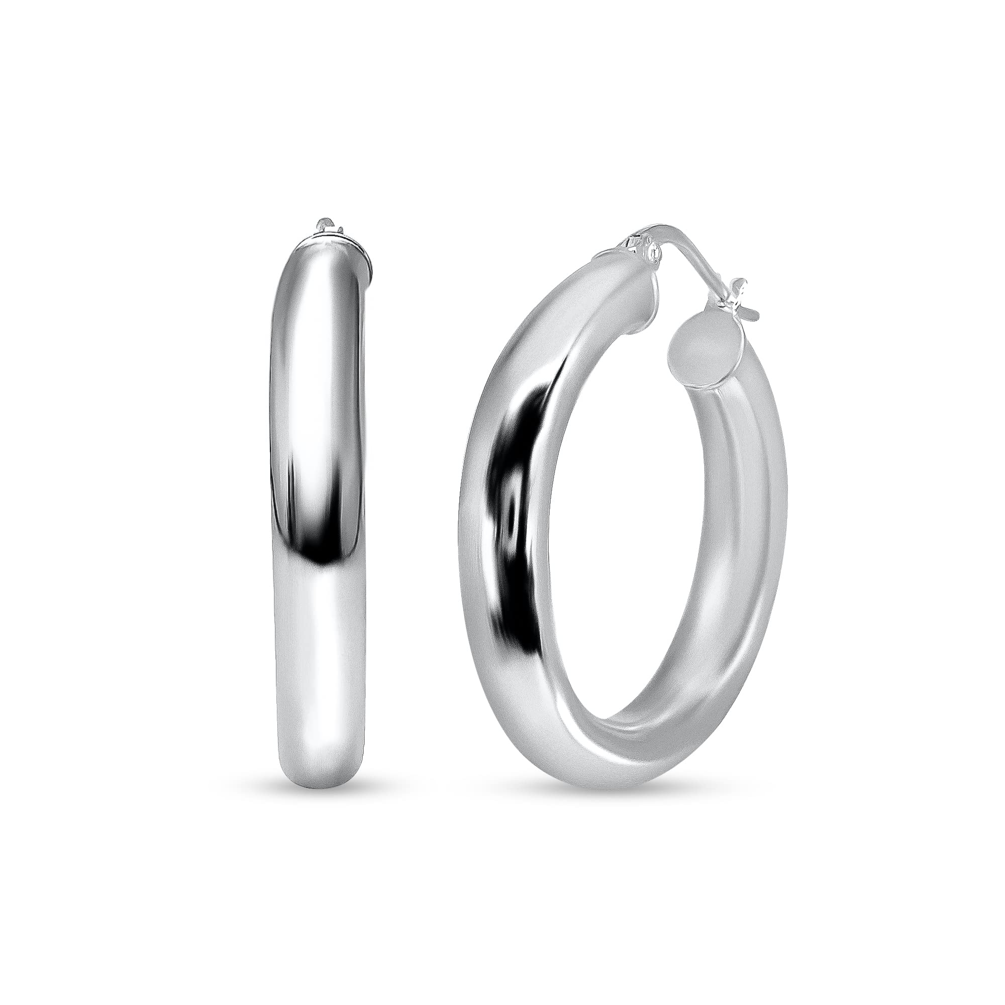 Chunky Hoop Earrings for Women Sterling Silver High Polished Round-Tube Click-Top 4x25mm Wide Thick Hoops Earring for Women