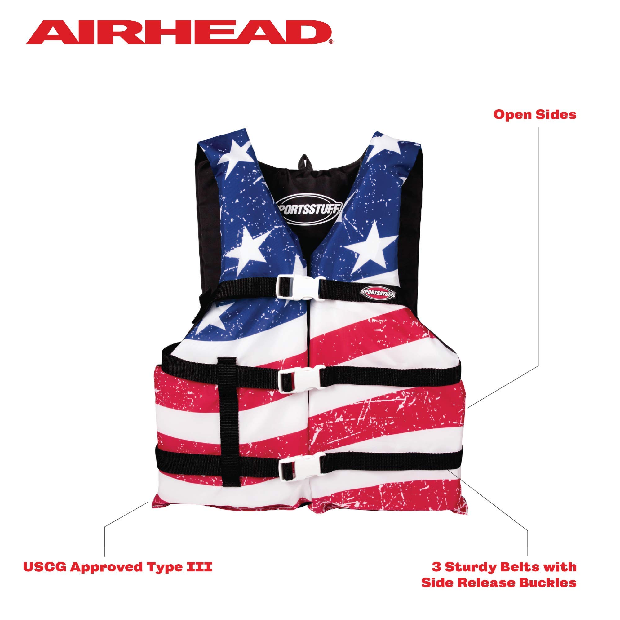 SPORTSTUFF Stars and Stripes Life Jacket, US Coast Guard Approved, Type III, Adult, Child, Youth Sizes