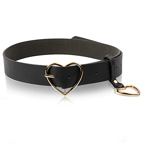 TXIN Heart-shaped Wide Black Belt with Gold Metal Buckle for Women Girls Students Jeans Shorts Ladies Dress