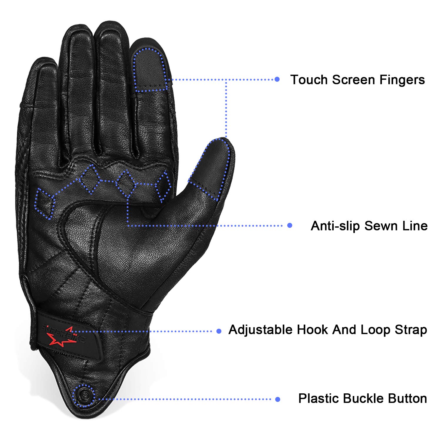 Full Finger Goat Skin Leather Touch Screen Motorcycle Gloves Men S,M,L,XL,XXL (Non-Perforated, L)