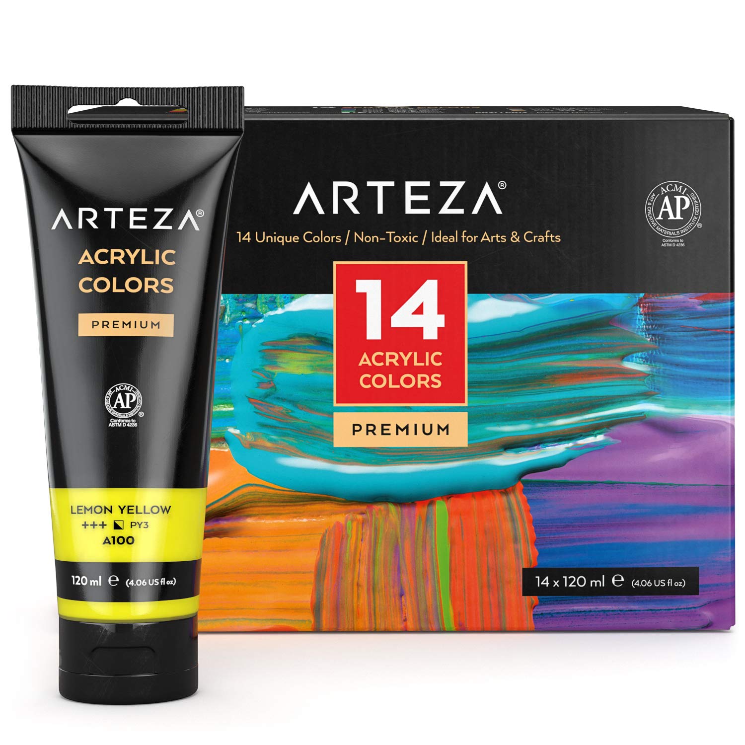 ARTEZA Acrylic Paint Set of 14 Colors, 4.06 Ounce Tubes, Non-Toxic Acrylic Artist Paints. Art Supplies for Painting