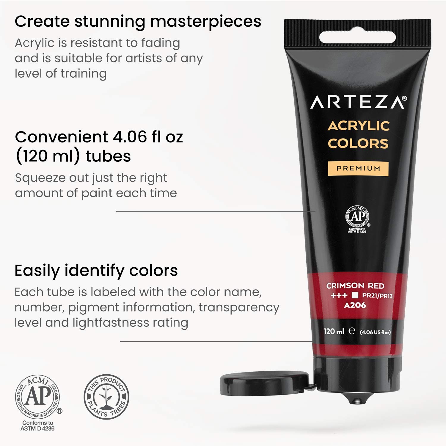 ARTEZA Acrylic Paint Set of 14 Colors, 4.06 Ounce Tubes, Non-Toxic Acrylic Artist Paints. Art Supplies for Painting