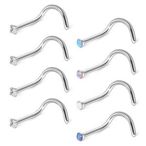 Ruifan 22G 316L Surgical Steel 1.5mm Mix Color Jeweled Opal & Clear CZ Nose Screw Rings Studs Ring Body Piercing Jewelry 8PCS