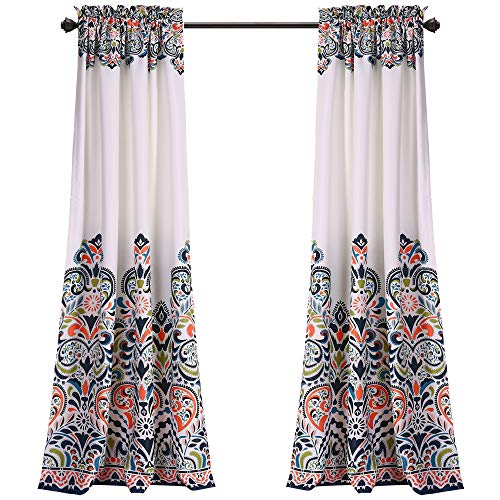 Lush Decor Clara Curtains Paisley Damask Print Bohemian Style Light Filtering Window Panel Set for Living, Dining, Bedroom (Pair), 52"W x 84"L, Navy & Tangerine