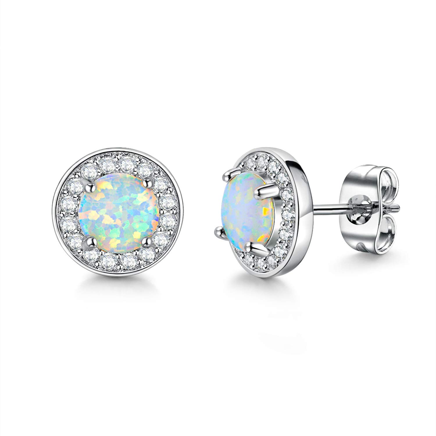 White Gold Plated Opal Stud Earrings for Women and Girl,Cubic Zirconia Halo Opal Jewelry for Women(Sparkly Round -Shape)