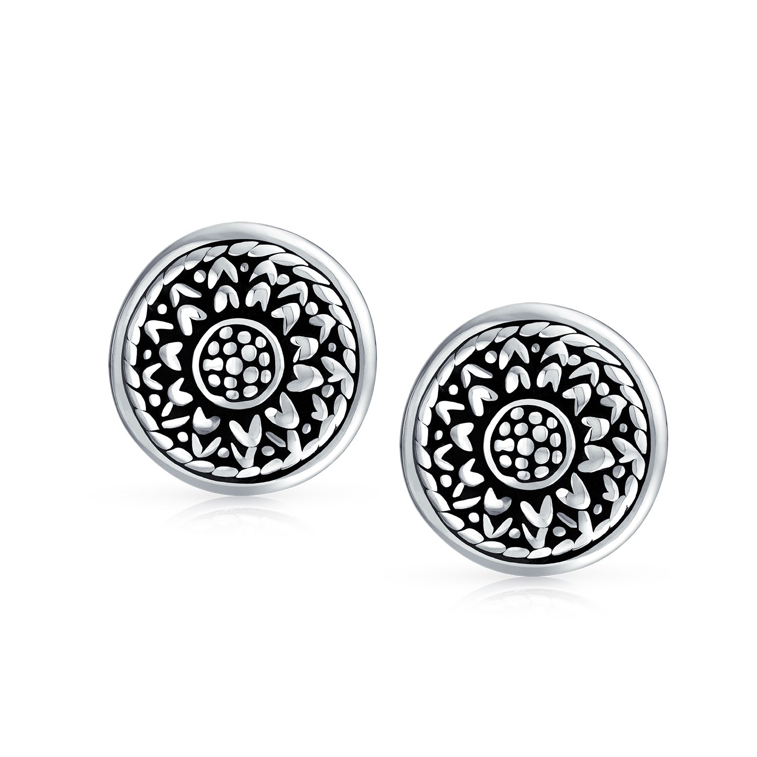 Bali Style Lightweight Medallion Round Disc Flower Sunflower Clip On Earrings For Women Non Pierced Oxidized .925 Sterling Silver