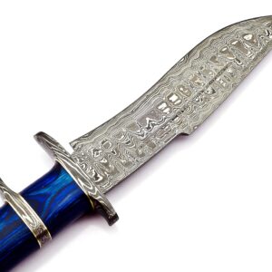 Skokie Knives Custom Damascus Steel Hunting Knife Blue Pakka Wood Handle-Handmade Premium Quality Edge Fixed Blade–Multipurpose–Ideal for Survival Camping Hiking Outdoor Every Day Carry Professional