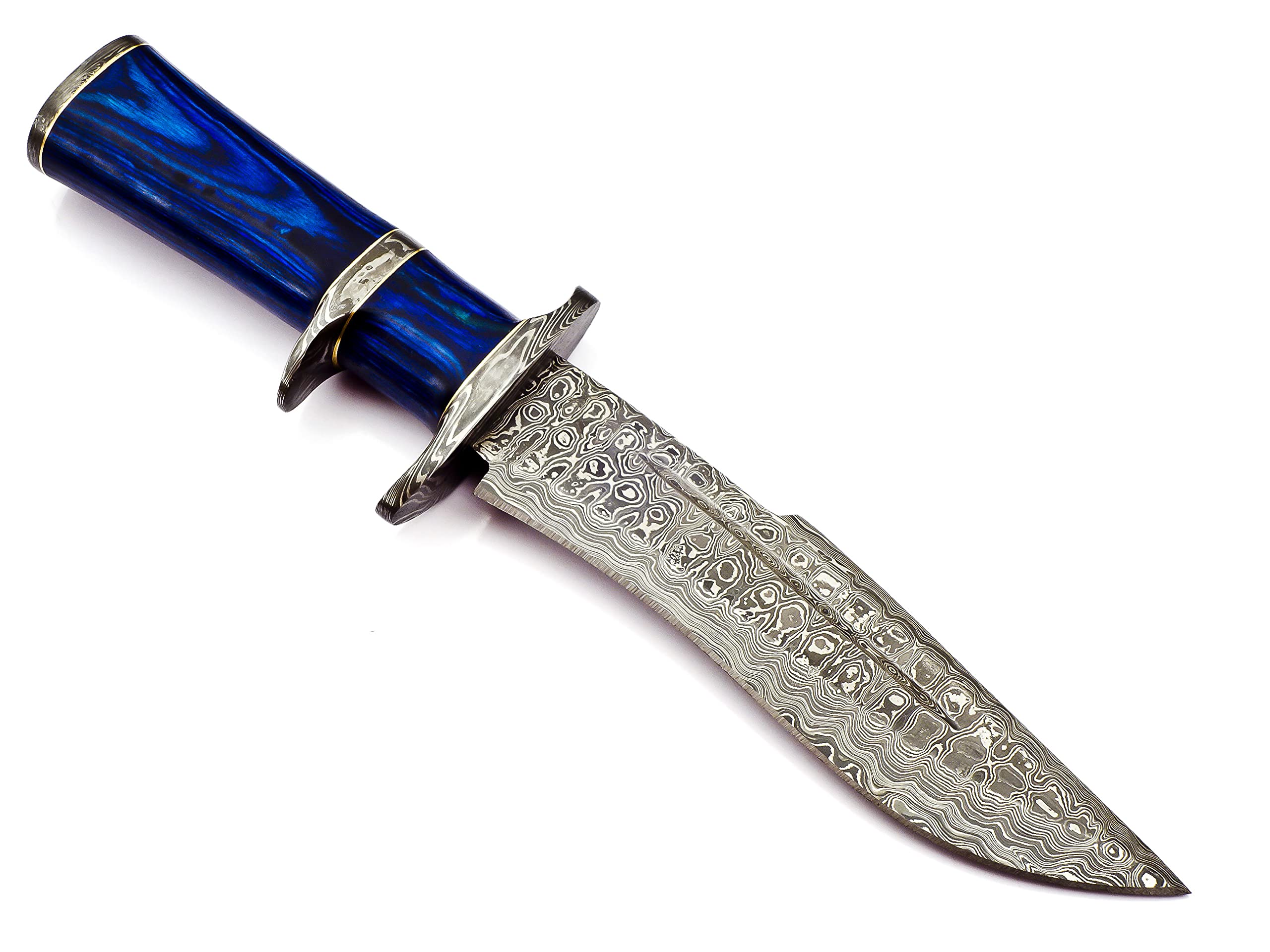 Skokie Knives Custom Damascus Steel Hunting Knife Blue Pakka Wood Handle-Handmade Premium Quality Edge Fixed Blade–Multipurpose–Ideal for Survival Camping Hiking Outdoor Every Day Carry Professional