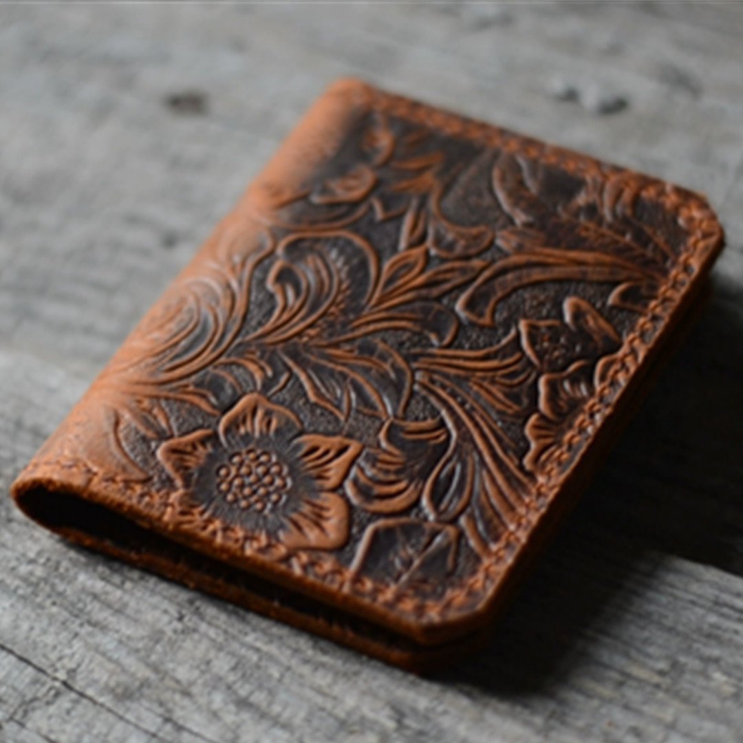 JJNUSA Handmade Distressed Men's Minimalist Leather Wallet Card Holder Wallets for Gifts Brown Flower style2