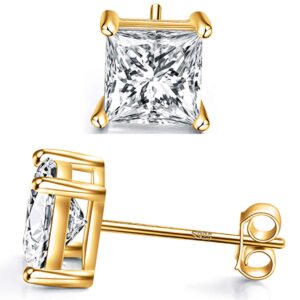 925 Sterling Silver Stud Earrings 4 Prong Princess Cut Square Cubic Zirconia Ear Stud for Women Men Girl CZ 4mm-7mm (Yellow Gold-1.60cttw)