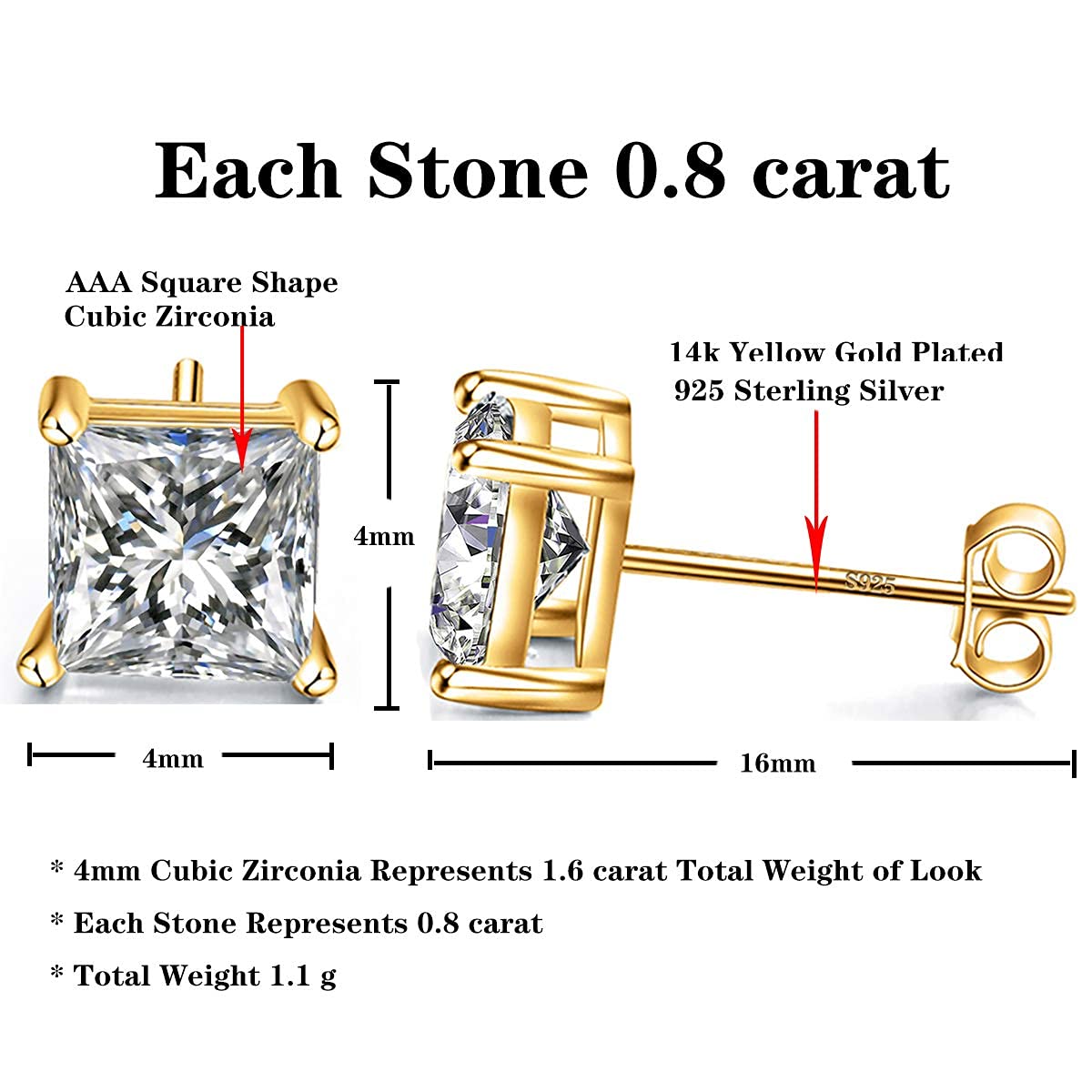 925 Sterling Silver Stud Earrings 4 Prong Princess Cut Square Cubic Zirconia Ear Stud for Women Men Girl CZ 4mm-7mm (Yellow Gold-1.60cttw)