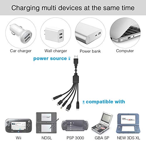 5 in 1 USB Charger Cable for Nintendo DS Lite/ Wii U/ New 3DS (XL/LL), 3DS (XL/LL), 2DS, DSi (XL/LL) ,NDS/Gameboy Advance SP, PSP 1000 2000 3000, Multi-Functional USB Charging Cord with Cable Tie