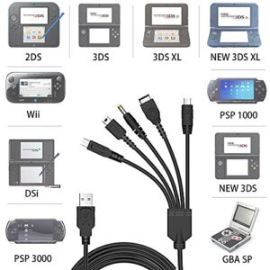 5 in 1 USB Charger Cable for Nintendo DS Lite/ Wii U/ New 3DS (XL/LL), 3DS (XL/LL), 2DS, DSi (XL/LL) ,NDS/Gameboy Advance SP, PSP 1000 2000 3000, Multi-Functional USB Charging Cord with Cable Tie