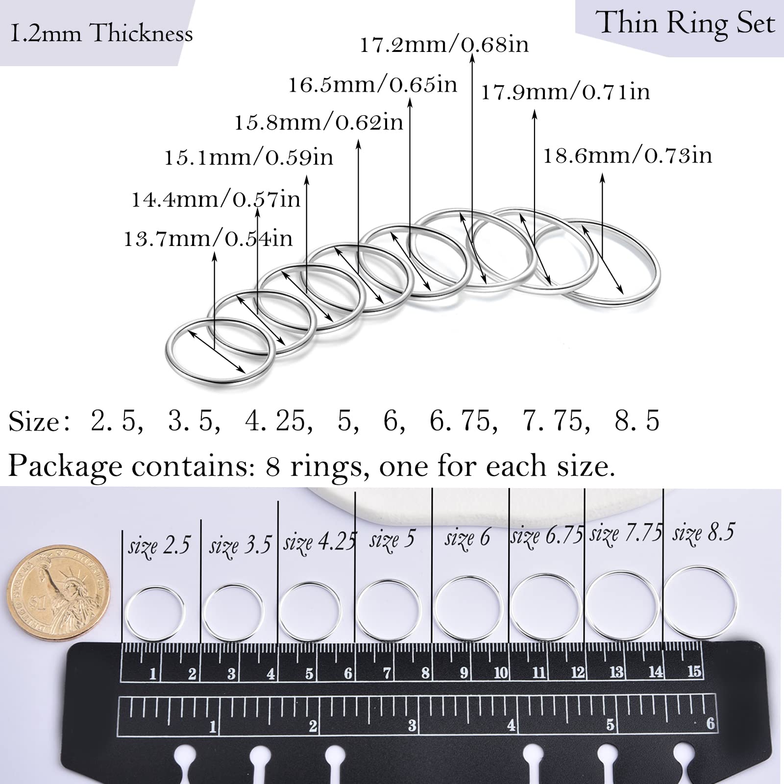 CANDYFANCY 925 Sterling Silver 1.2mm Stacked Midi Thin Rings for Women Knuckle Ring Band Stacking Ring Set Size 2.5-8.5 (Silver 8 Pcs)