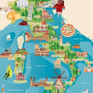 Italian Tourist and Travel Destinations Illustrated Map Travel World Map with Cities in Detail Map Art Wall Decor Geographical Illustration Travel Destinations Cool Wall Decor Art Print Poster 24x36