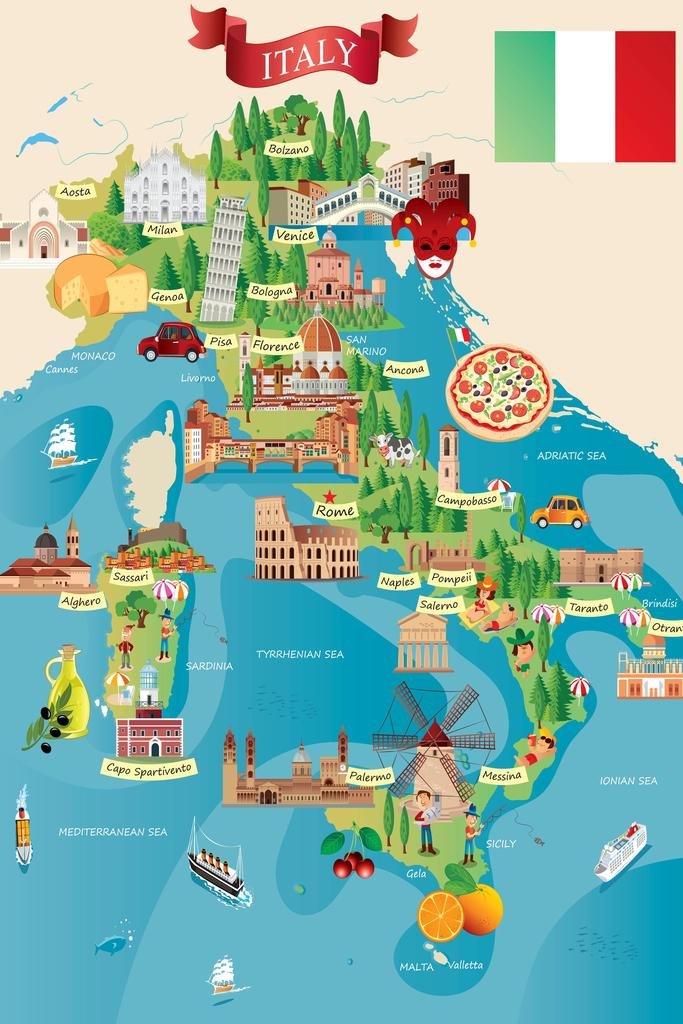 Italian Tourist and Travel Destinations Illustrated Map Travel World Map with Cities in Detail Map Art Wall Decor Geographical Illustration Travel Destinations Cool Wall Decor Art Print Poster 24x36